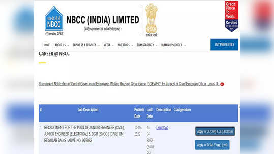 NBCC India मध्ये विविध पदांवर नोकरीची संधी, 'येथे' करा अर्ज