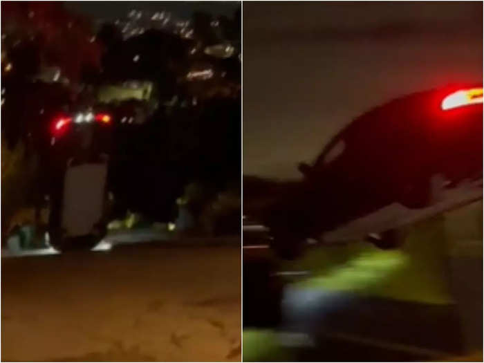 tesla car jump stunt video will shock you