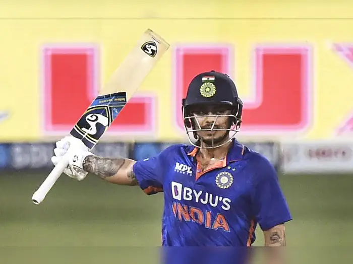 Lucknow: Indian batsman Ishan Kishan raises his bat after scoring a half-century...