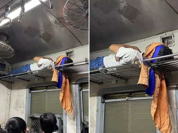 desi jugaad: man sleeping on luggage rack of mumbai local train pic goes viral on social media