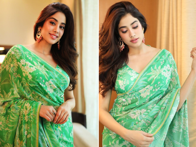 janhvi kapoor green saree looks photos pics: janhvi kapoor looks super gorgeous in floral green saree boney kapoor comment see viral photos - जान्हवी कपूर का इतना सुंदर लुक आया सामने, पलके