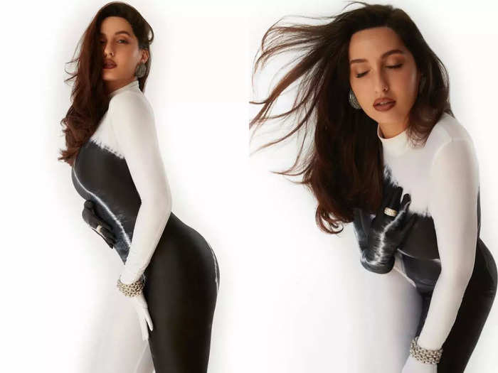 nora fatehi looks hot in silver beads embriodery bodycon gown dress with ranveer singh video viral