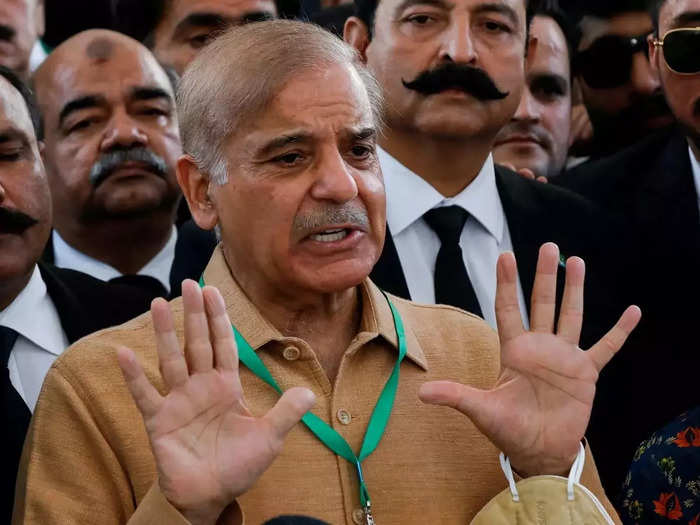 FILE PHOTO_ Leader of the opposition Shehbaz Sharif speaks to the media at the Supreme Court of Pakistan in Islamabad.