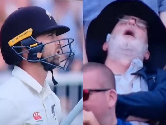 इंग्लैंड-न्यूजीलैंड के बीच खेले जा रहे टेस्ट मैच के दौरान गहरी नींद में सोया हुआ फैंस
