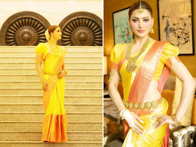 urvashi rautela in yellow kanjiwarm saree: lifestyle urvashi rautela looks drop dead gorgeous in yellow kanjiwaram saree for her film - सोने जैसे बदन पर पीली साड़ी लपेट उर्वशी रौतेला के आगे