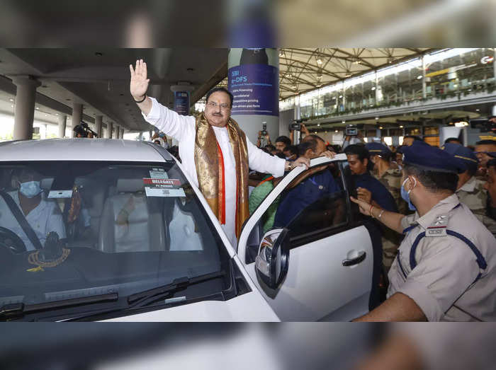 Hyderabad: BJP National President JP Nadda arrives at Rajiv Gandhi International...
