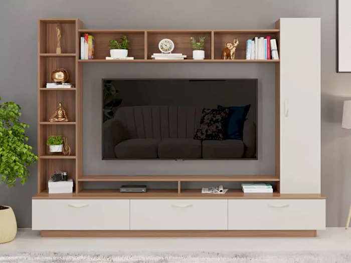 smart tv with wooden shelves