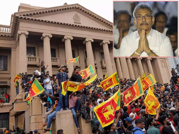 Demonstrators protest at the Presidential Secretariat, after President Gotabaya Rajapaksa fled, in Colombo.