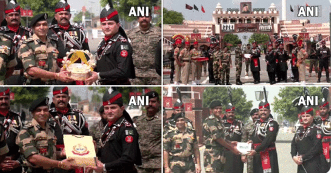Pakistan Rangers and Border Security Force (BSF) exchange sweets at Attari-Wagah border, Amritsar on the occasion of Independence Day of Pakistan