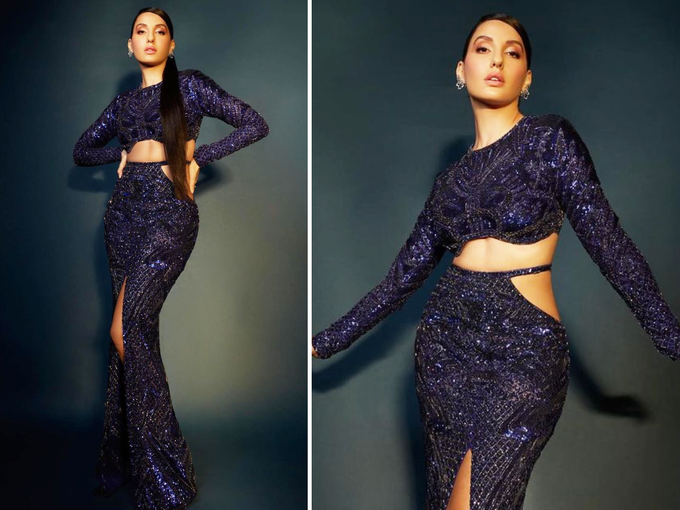 jhalak dikhhla jaa 10 nora fatehi photos, स्लिट स्कर्ट में नोरा फतेही का स्टाइल देख हो जाएंगे बेहोश, फिगर दिखा इतना जबरदस्त कि क्या ही कहें - nora fatehi looks sexy in blue embellished crop blouse and thigh high slit skirt for photoshoot 3 93878110