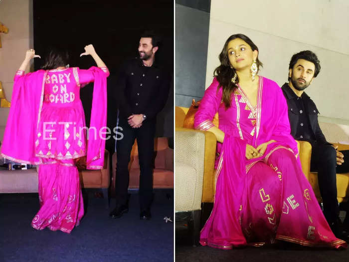 mom-to-be alia bhatt flaunts her baby on board printed back in pink sharara set at brahmastra press in hyderabad