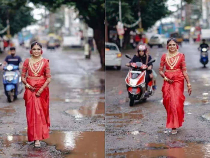 bride viral photoshoot: girl walks on road full of potholes in kerala instagram reels viral