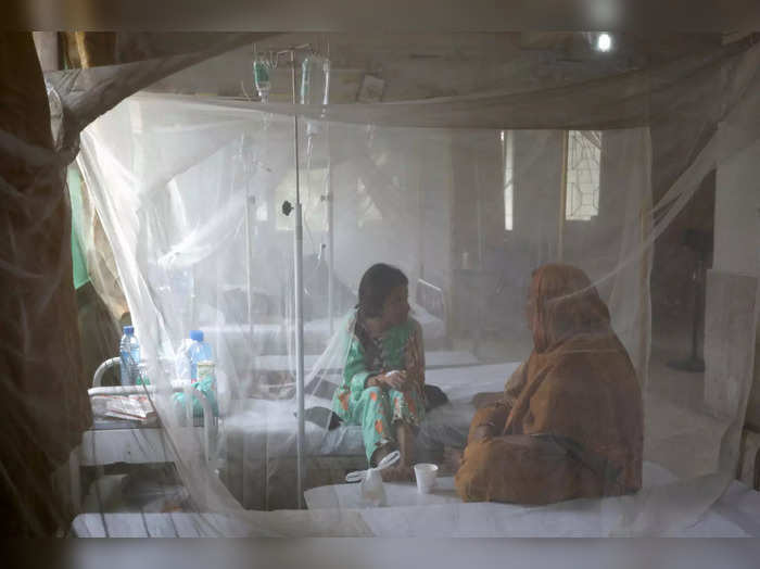 A patient, suffering from dengue fever, sitting under a mosquito net inside a dengue and malaria ward, in Karachi