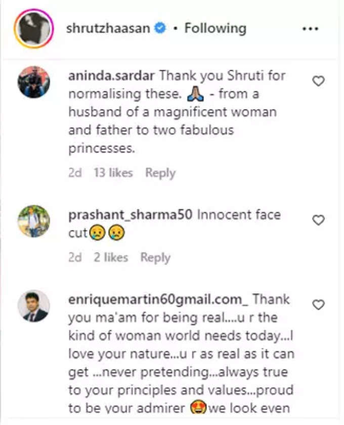 fans comment on shruti hassan post