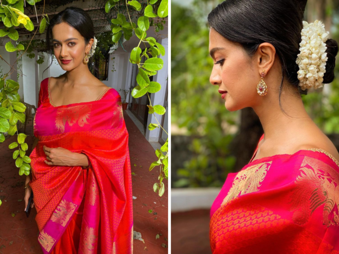 Red and pink combination saree look
